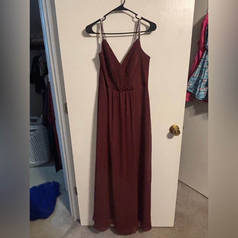 David's Bridal Wine V-Neck Maxi Dress with Beaded Straps